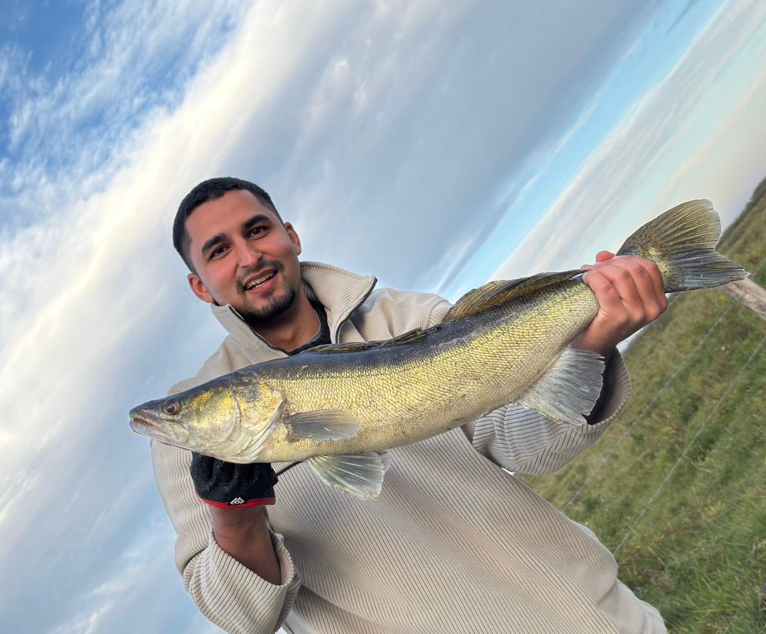 Angler aus dem Team mit großem Zander am See bei blauem Himmel